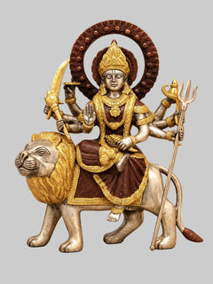 Brass Sherawali Maa (Goddess Durga) Idol | Traditional Handcrafted Statue of Maa Durga Seated on Lion (Height: 12 Inches)