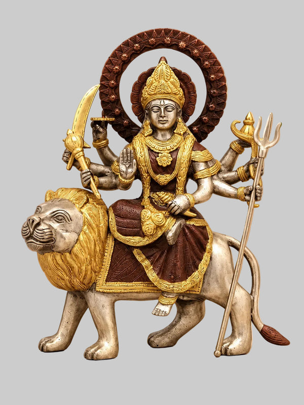 Brass Sherawali Maa (Goddess Durga) Idol | Traditional Handcrafted Statue of Maa Durga Seated on Lion (Height: 12 Inches) Entryway Setting