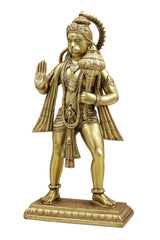 Brass Hanumanji idol standing, right palm raised, left holding pot-like object, on base