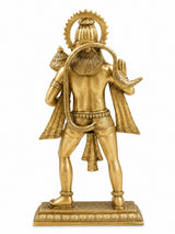 Brass Hanumanji idol from behind, arms extended with crossed belt, on rectangular base
