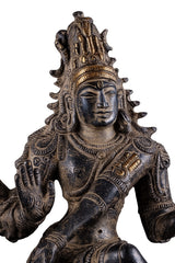 Antique sand-finish brass Shiva head with ornate crown, closed-eye expression