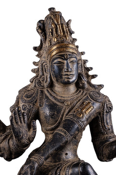 Antique sand-finish brass Shiva head with ornate crown, closed-eye expression