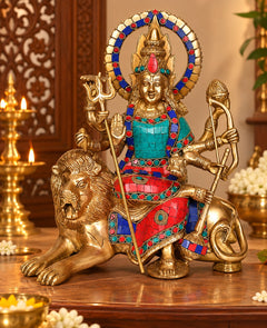 Handmade Brass Simhavahini Maa Durga Statue | Traditional Goddess Durga Idol Seated on Lion (Height: 12 Inches)