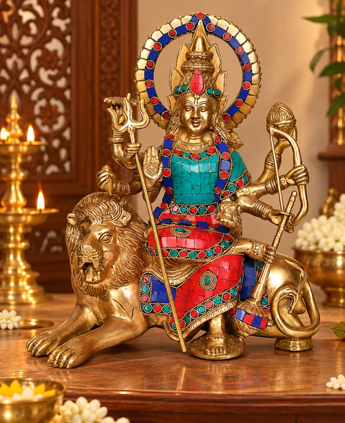 Handmade Brass Simhavahini Maa Durga Statue | Traditional Goddess Durga Idol Seated on Lion (Height: 12 Inches)