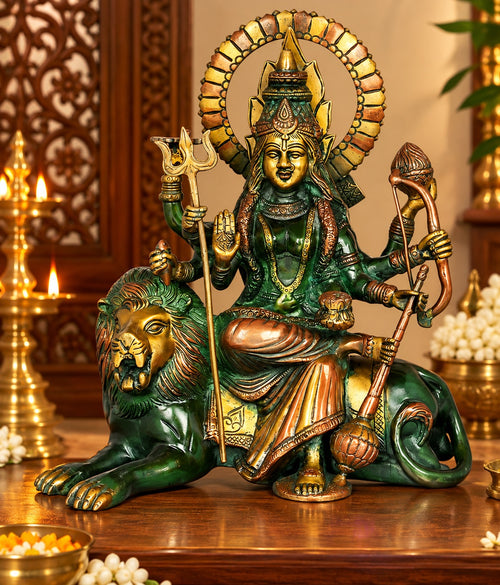 Handcrafted Brass Ashtabhuja Maa Durga Statue | Eight-Armed Goddess Seated on a Lion | Traditional Indian Artistry (Height: 12 Inches)