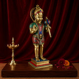 Brass Hanumanji statue holding a mace, wearing jeweled red-and-green outfit