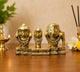 Golden brass Jagannath Balabhadra Subhadra idol statue, 5.25 in, seated trio on base