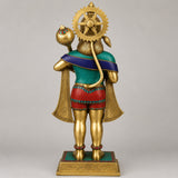 Brass standing Hanumanji statue from back view, gold halo and blue-green robe