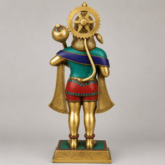 Brass standing Hanumanji statue from back view, gold halo and blue-green robe