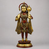 Standing Hanuman statue with rich copper and gold-tone finish, raised hands and ornaments