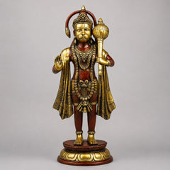 Standing Hanuman statue with rich copper and gold-tone finish, raised hands and ornaments