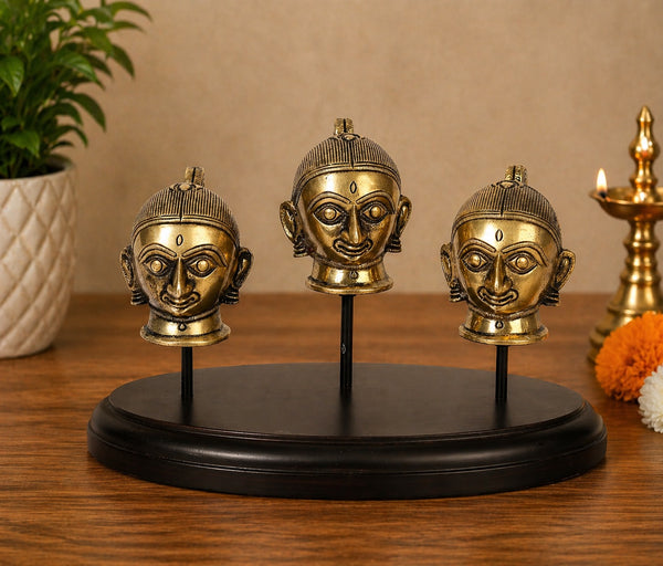Brass Gauri (Parvati) Heads Idol on Wooden Base – Decorative Statue for Home, Office & Mandir (Height:9 Inches)