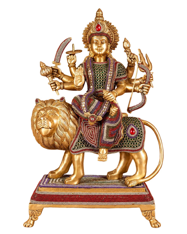 Brass Large Superfine Goddess Durga Mata Statue with Intricate Jewellery Work (Height: 21.5 Inches) Entryway Setting