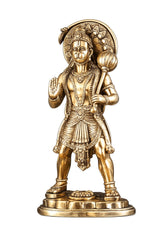 Brass Hanuman statue standing with flower-crowned halo and shell-like emblem in hand