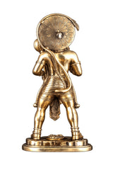 Brass Hanuman statue standing with back-facing floral shield and short crown