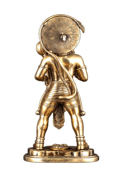 Brass Hanuman statue standing with back-facing floral shield and short crown