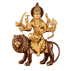 Pure Brass Ashtabhuja Goddess Durga Seated on Lion – Dual-Tone Finish (Height: 17 Inches)