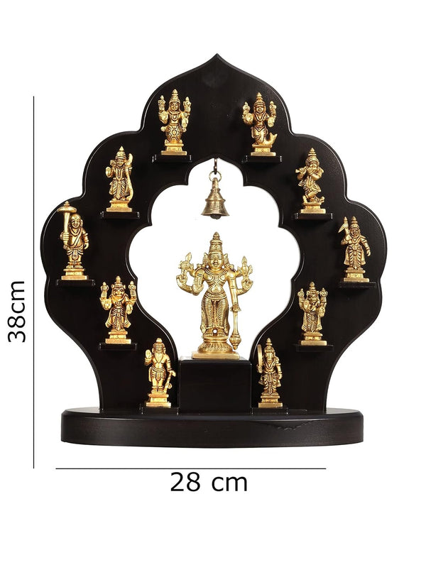 Brass Vishnu Dashavatar Idol with Black Wooden Stand – Ten Avatars Decorative Showpiece for Home & Temple Décor (Height:15 Inches) Study Setting