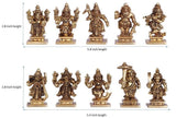 Ten small brass avatar figurines set for Dashavatar display, front and side views