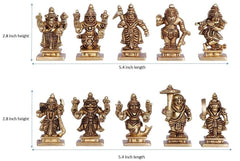 Ten small brass avatar figurines set for Dashavatar display, front and side views