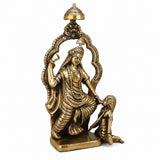 Golden finish brass Bagulamukhi Devi statue, seated goddess with raised arm and attendant, 13.5 in
