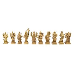 Row of ten brass Dashavatar statues on bases for home or temple décor