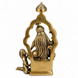 Golden finish brass Bagulamukhi Devi statue, rear view with ornate arch, 13.5 in