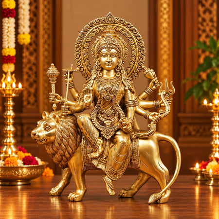 Pure Brass Goddess Durga Seated on Lion Statue for Home Temple (Height: 14.5 Inches)