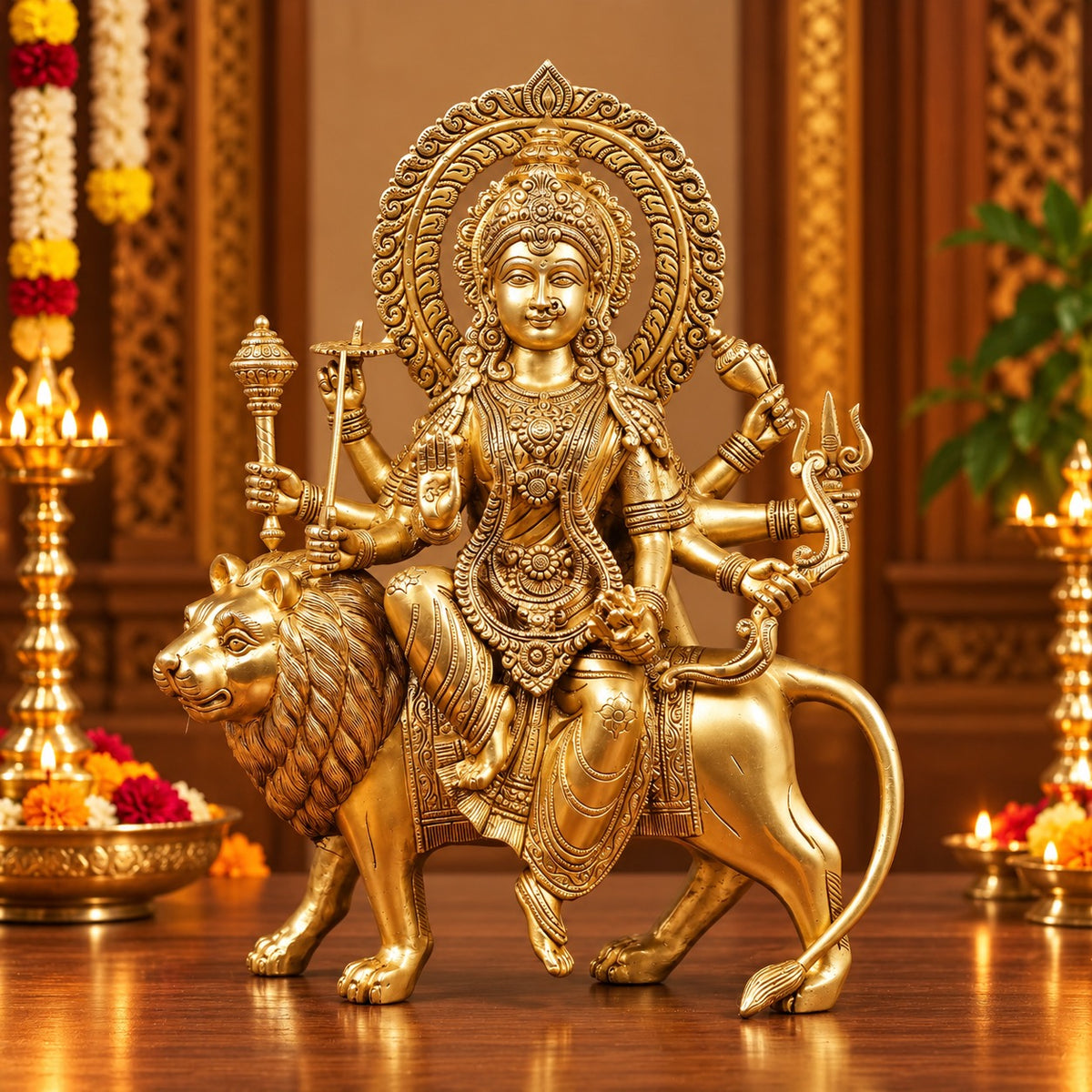 Pure Brass Goddess Durga Seated on Lion Statue for Home Temple (Height: 14.5 Inches)