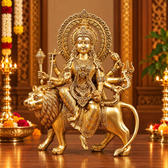 Pure Brass Goddess Durga Seated on Lion Statue for Home Temple (Height: 14.5 Inches)