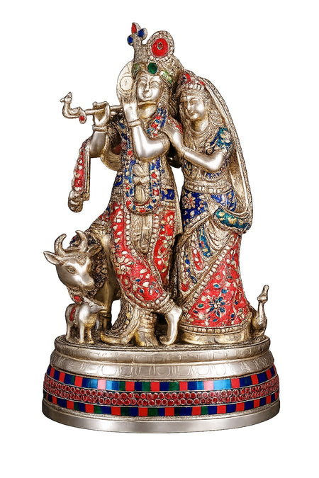 Elegant Brass Radha Krishna Idol with Cow & Calf -Decorative Statue (Height: 18 Inches)