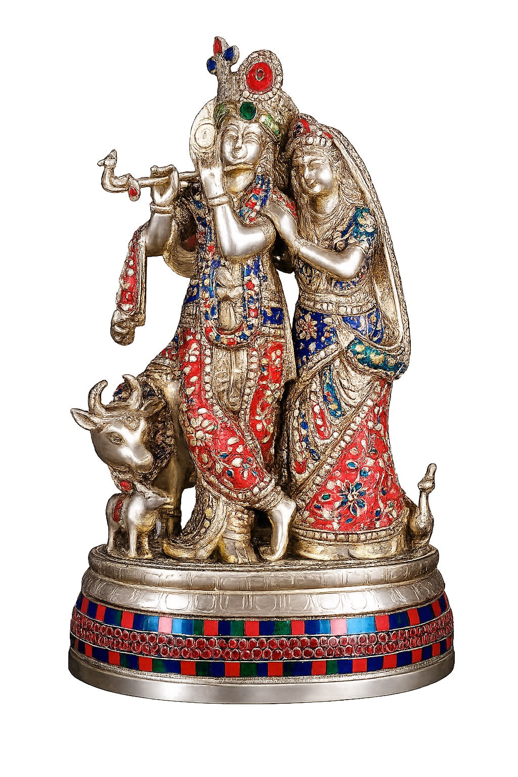 Elegant Brass Radha Krishna Idol with Cow & Calf -Decorative Statue (Height: 18 Inches)