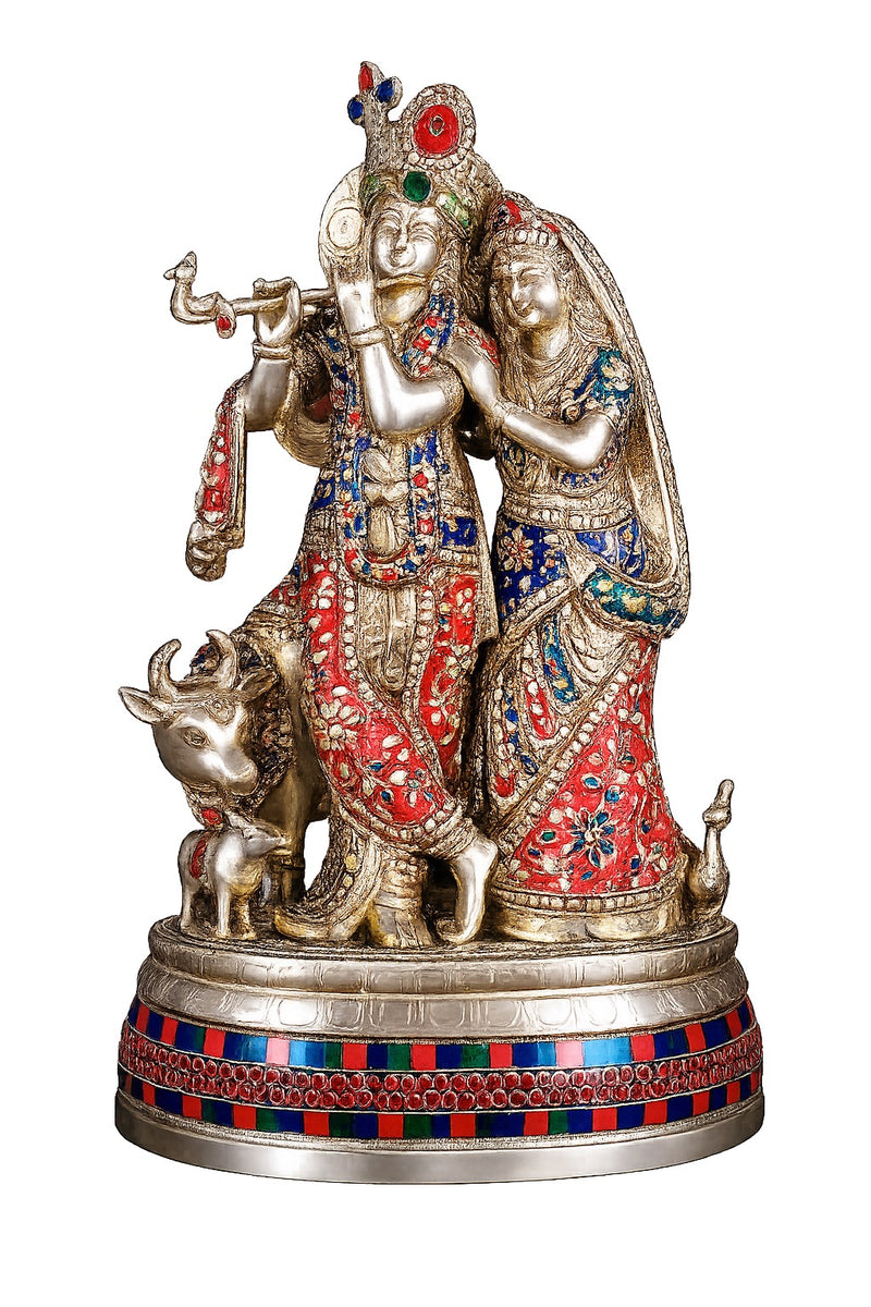 AONA Elegant Brass Radha Krishna Idol with Cow & Calf -Decorative Statue