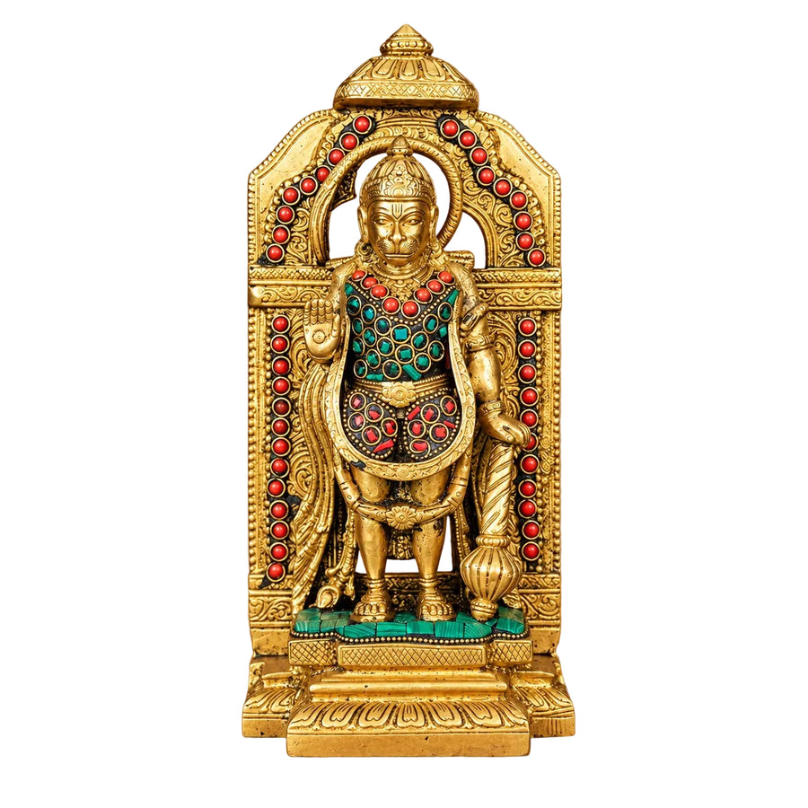 Brass Lord Hanuman Ji Standing Statue with Stonework (Height: 9 Inches) Craft Detail