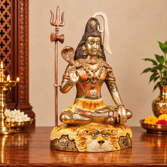 Hand-Painted Brass Shiva Idol With Trishul | Artistic Mahadev Statue (Height: 15.5 Inches)