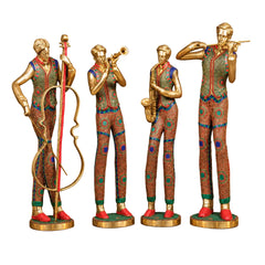 Brass Musician Standing Statue Set of 4 with Mosaic Stonework (Height: 30 Inches)