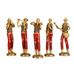 Brass Musician Standing Statue Set of 5 with Mosaic Stonework (Height:11 Inches)