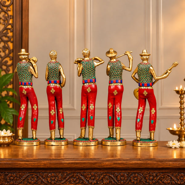 Brass Musician Standing Statue Set of 5 with Mosaic Stonework (Height:11 Inches) Study Setting