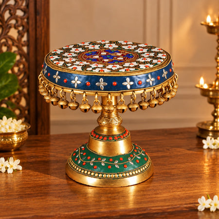 Brass Stand with Bells & Stonework – Decorative Stand for Home Temple (Height:8 Inches)
