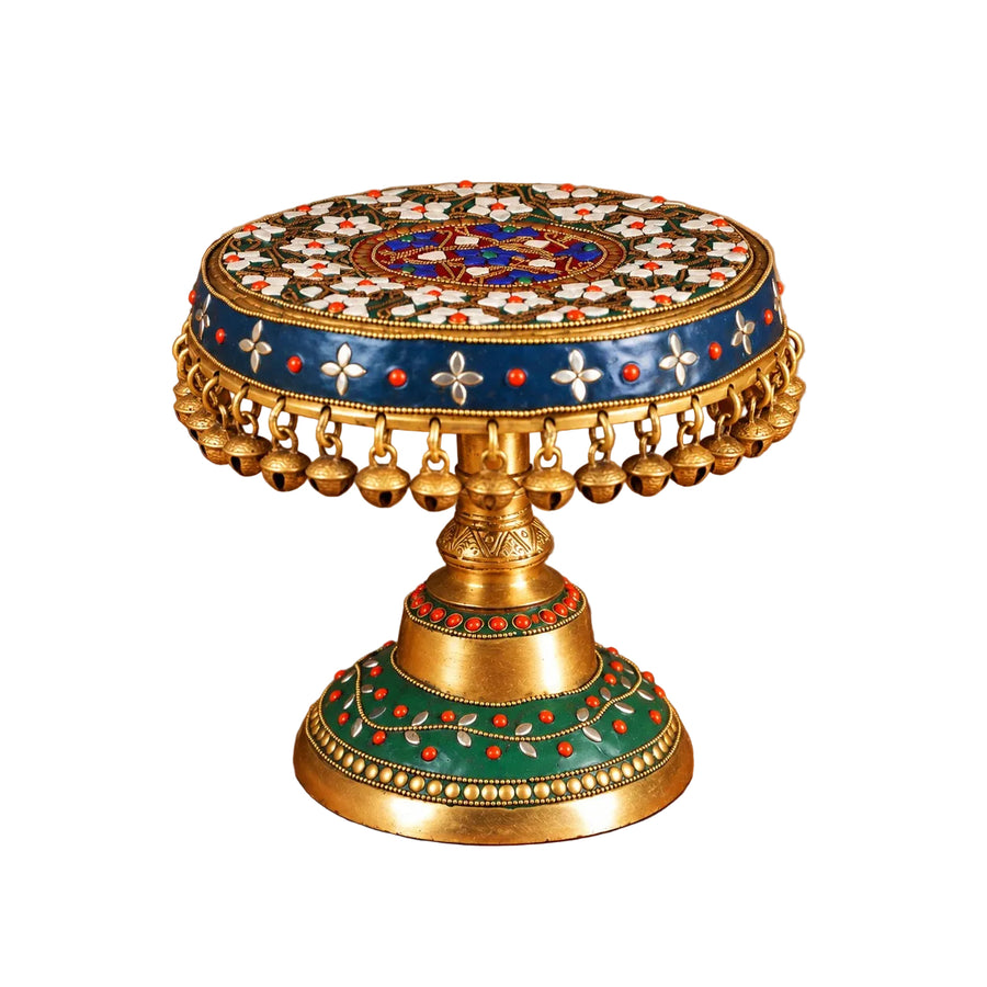 Brass Stand with Bells & Stonework – Decorative Stand for Home Temple (Height:8 Inches) Craft Detail
