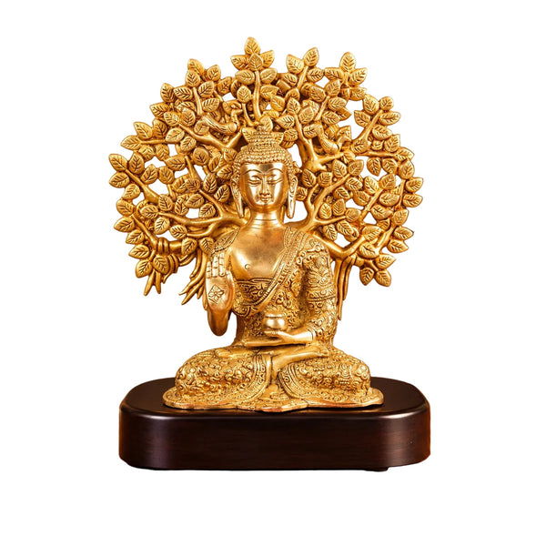 Brass Buddha Idol with Tree Backdrop on Wooden Base – Meditation & Spiritual Décor (Height:11 Inches) Entryway Setting