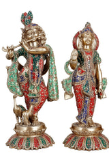 Brass Radha-Krishna sculpture with meenakari dress, colorful pair on round base