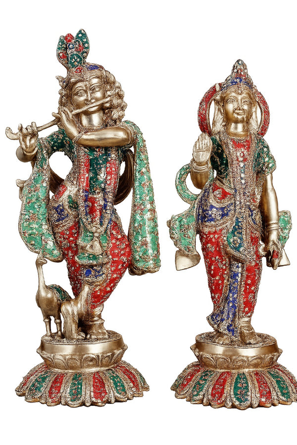 Handcrafted Brass Radha Krishna Sculpture with Meenakari Work (Height: 27 Inches)