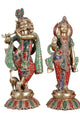 Brass Radha-Krishna sculpture with meenakari dress, colorful pair on round base