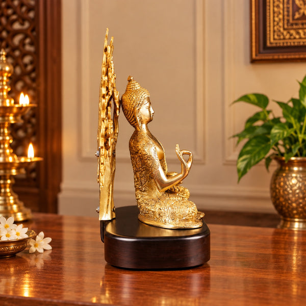 Brass Buddha Idol with Tree Backdrop on Wooden Base – Meditation & Spiritual Décor (Height:11 Inches) Study Setting