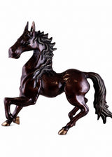 Antique brown brass galloping horse statue, front side view with mane details