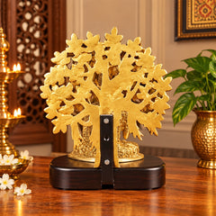 Brass Buddha Idol with Tree Backdrop on Wooden Base – Meditation & Spiritual Décor (Height:11 Inches)