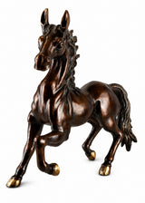 Antique brown brass galloping horse statue, forelegs forward with sculpted reins