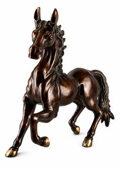 Antique brown brass galloping horse statue, forelegs forward with sculpted reins