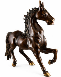 Antique brown brass galloping horse statue, profile view with arched neck